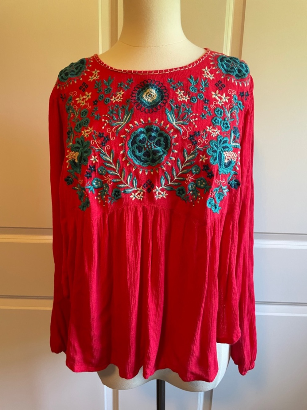 Altar'd State Red Peasant Blouse with Teal Floral Embroidery Size Medium